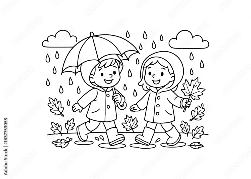 Autumn rainy day stroke illustration cute kids coloring book style. Fun and wholesome theme made for children Autumn rainy day stroke illustration cute kids coloring book style. Fun and wholesome theme made for children