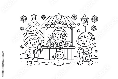 Winter holiday market stroke illustration cute kids coloring book style. Fun and wholesome theme made for children