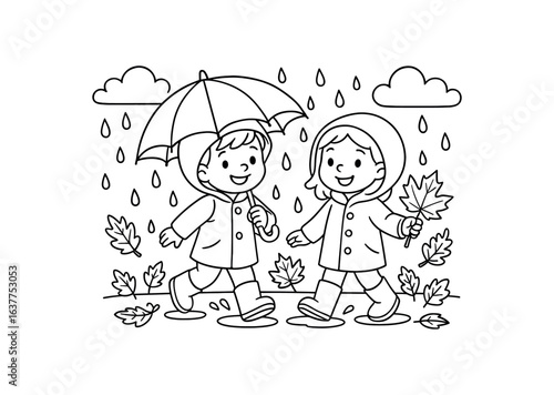 Autumn rainy day stroke illustration cute kids coloring book style. Fun and wholesome theme made for children