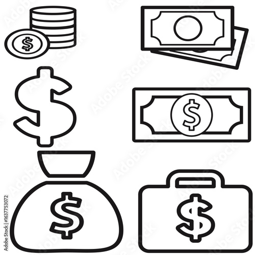 Minimalist money-themed icon collection — coins, banknotes, a dollar sign, and money containers — black outline with white highlights

