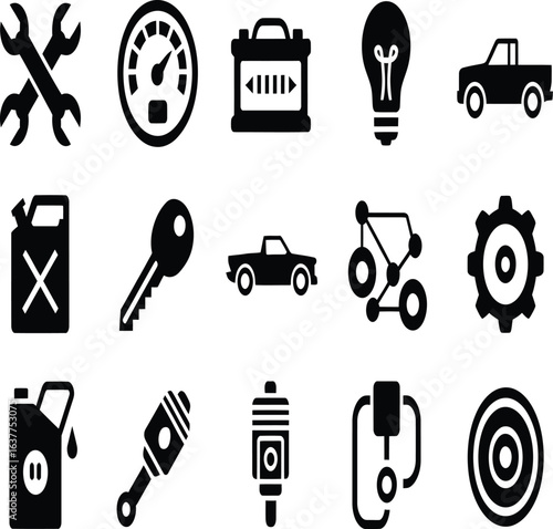 Essential automotive icons showcasing tools, car parts, and vehicle symbols for transportation and mechanical services