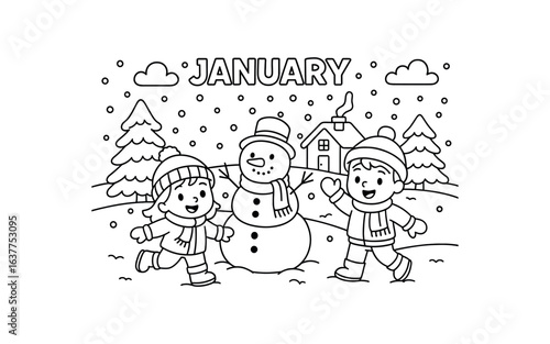 January snow scene stroke illustration cute kids coloring book style. Fun and wholesome theme made for children
