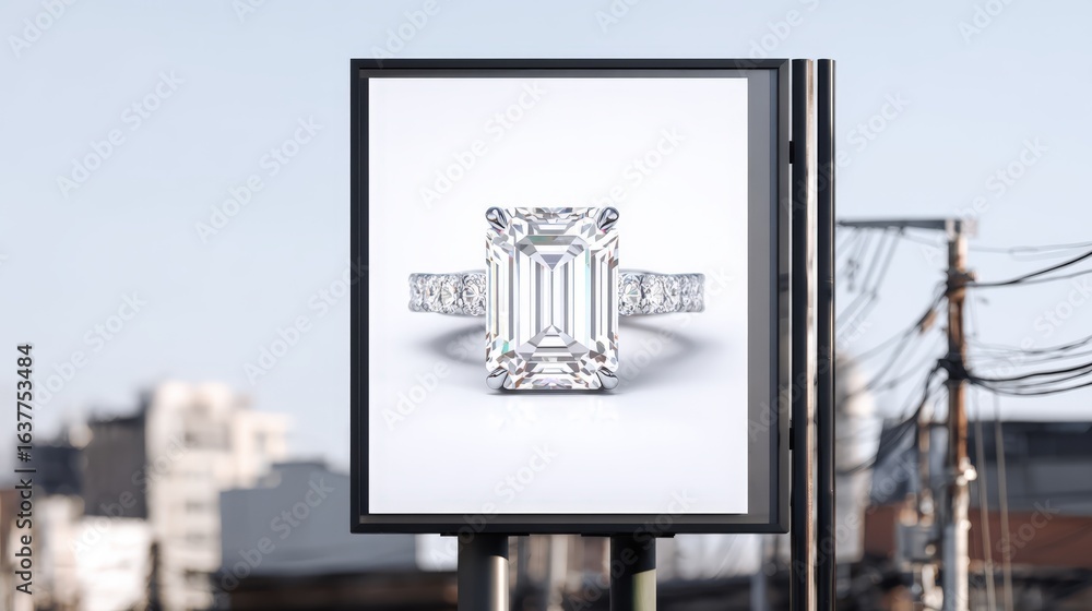Fototapeta premium Diamond Ring Advertisement on Billboard in Urban Setting Showcasing Luxury and Elegance for Jewelry Marketing