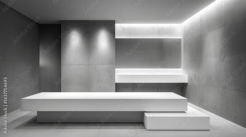 Obraz premium Minimalist Interior with Clean Lines: Modern Display Platform in a Gray Tiled Showroom or Gallery