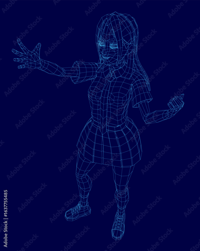 Fototapeta premium A 3D wireframe model of a college girl in school uniform stands with arms outstretched against a blue background. The detailed mesh structure highlights realistic proportions and dynamic pose.