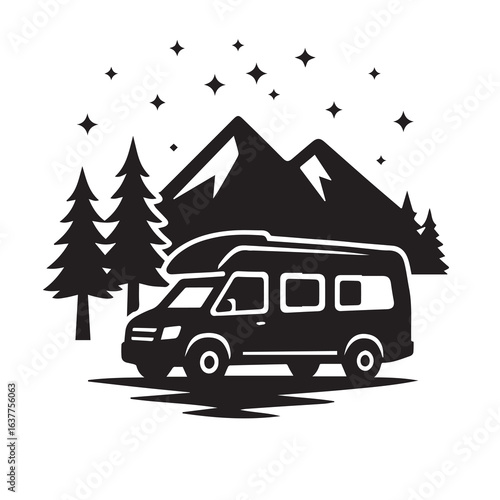 Black silhouette vector of a camper van parked under pine trees with mountains and stars in the background, clean minimal solid style, isolated on white background, perfect for travel T-shirt, sticker