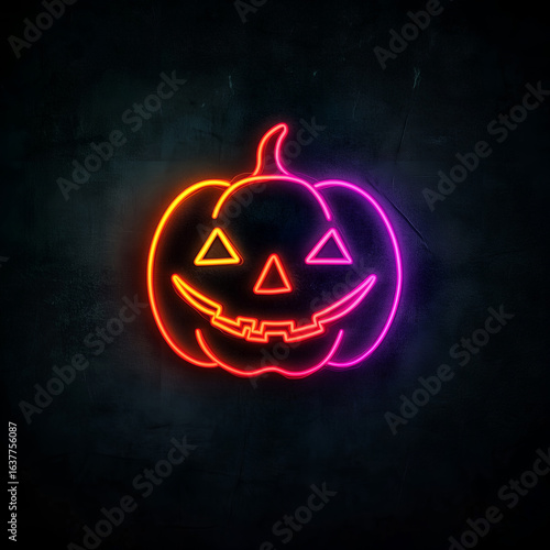  Simple neon jack-o'-lantern pumpkin symbol created with glowing colored cord on a black surface. Halloween-themed minimalistic design with bold contrast and modern glowing effect.