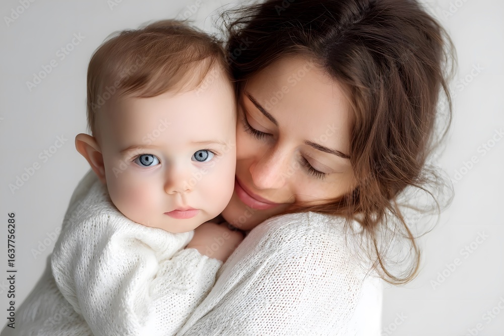 A woman holds a baby, both wearing white, in soft lighting. A woman holds a baby, both wearing white, in soft lighting.