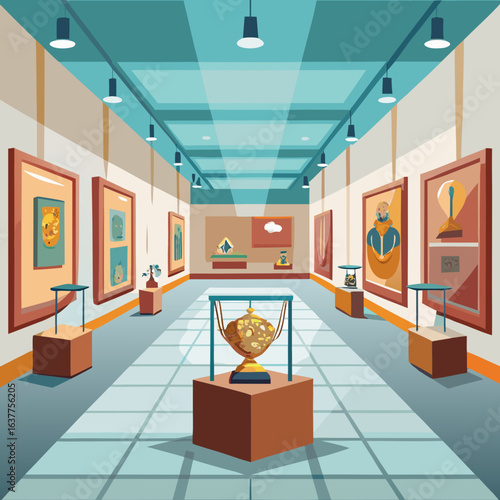 Museum Exhibit Room Vector, Spotlight Display Cases with Ancient Artifacts