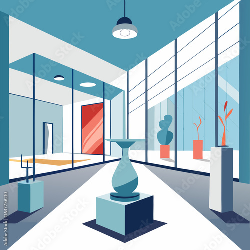 Modern Museum Interior Vector, Minimalist Architecture, Abstract Sculpture Display
