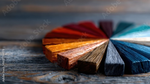 An artistic arrangement of vibrant wooden blocks in various shades creates a visual feast, highlighting creativity and craftsmanship in a unique way.