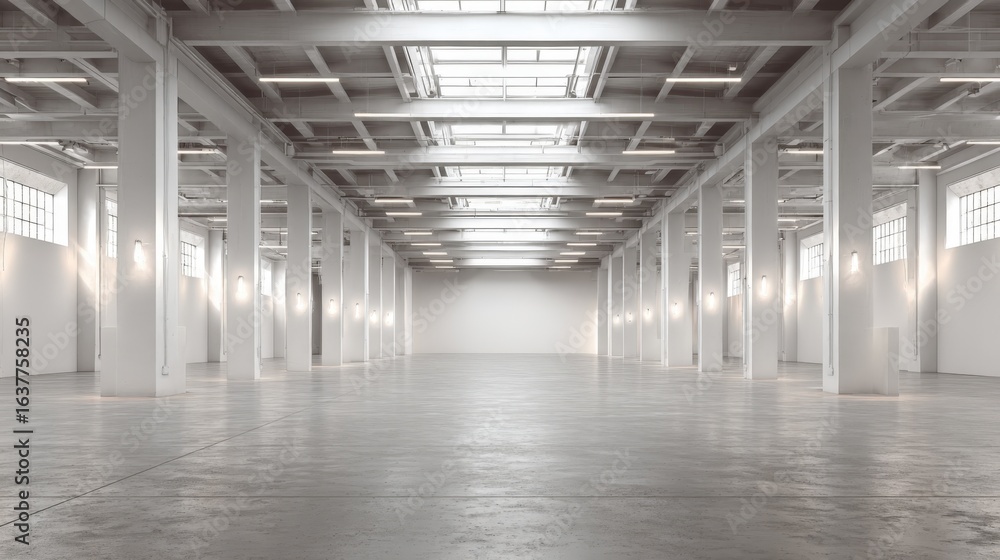 Obraz premium Bright Empty Warehouse Interior with Concrete Floor and White Pillars, Perfect for Commercial or Industrial Use