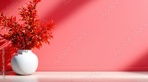 A vibrant red foliage plant placed in a sleek white vase, positioned against a coral wall, bringing a fresh and modern touch to interior decor.