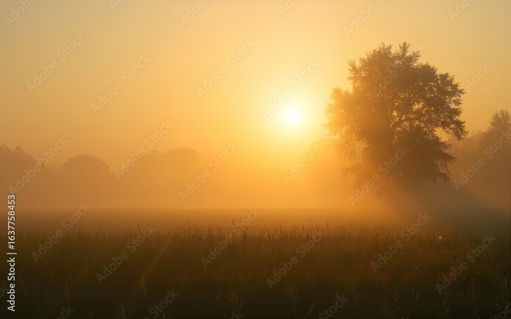 Fototapeta premium Golden Sunlight Through Fog on a Field of Grass with Trees. High quality