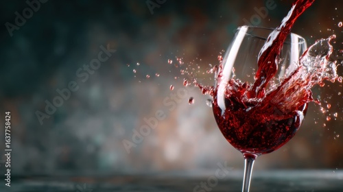 An exciting abstract image of red wine splashing out of a glass against a blurred background, capturing the dynamic and vibrant nature of fine dining and celebration.