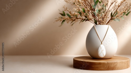 A minimalist design showcasing a white ceramic vase filled with dried flowers and adorned with a beautiful pendant, creating a serene and elegant home ambiance.