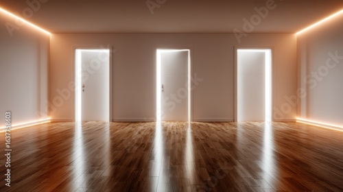 A serene and minimalistic room featuring three illuminated doors, inviting exploration and symbolizing choices and opportunities in life.