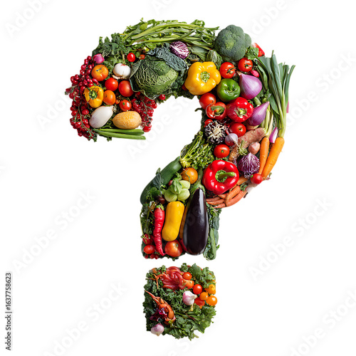 Fototapeta Naklejka Na Ścianę i Meble -  Question mark symbol formed from fresh healthy vegetables and fruits isolated on transparent background