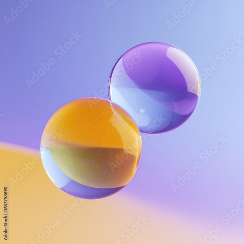 Two translucent spheres, vibrant purple and orange, float against a gradient background