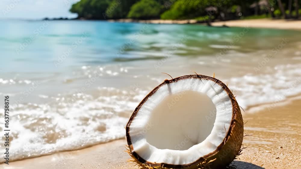 Open coconut on a sandy tropical beach with water. A refreshing close-up shot embodying relaxation and escape. Vacation vibes, tropical paradise, exotic destination. Open coconut on a sandy tropical beach with water. A refreshing close-up shot embodying relaxation and escape. Vacation vibes, tropical paradise, exotic destination.