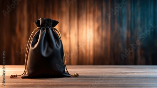 A sleek black drawstring pouch rests on a rustic wooden table, showcasing its texture and simplicity under warm ambient lighting, perfect for various storage needs.
