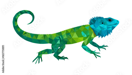 Vibrant green and blue iguana in a modern low-poly style. Geometric reptile illustration isolated on a white background.