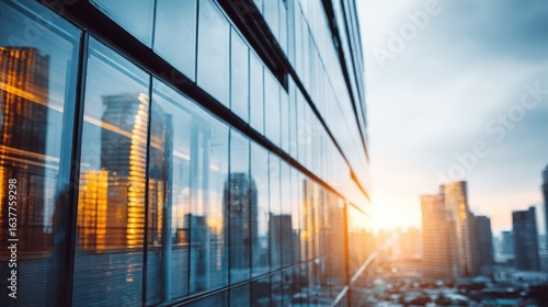 Modern Office Building Exterior Reflecting Cityscape at Sunset, Showcasing Architectural Design and Urban Development