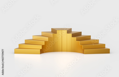Golden staircase with curved design, perfect for product shoots and displays. 3d Illustration