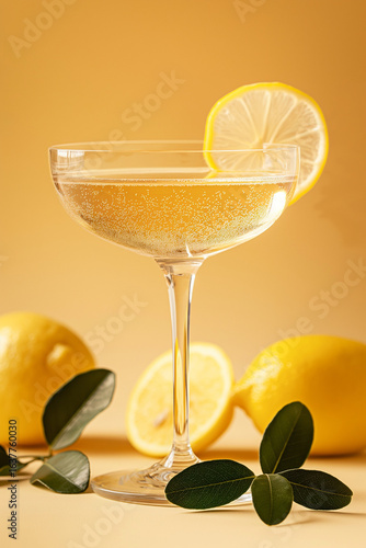 Sparkling Golden Cocktail in Champagne Coupe with Lemon Garnish and Whole Lemon