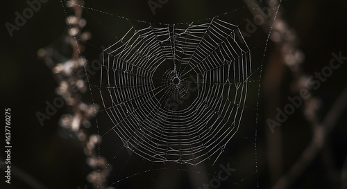 A closeup shot of a spider web with a blurry dark background. in vivid detail