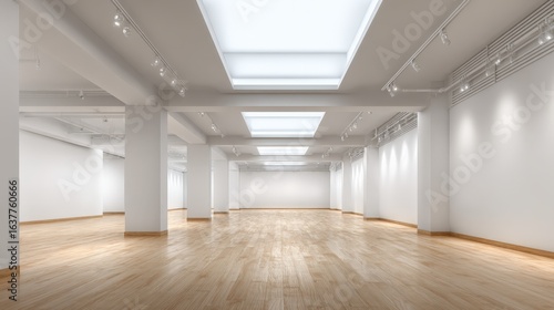 Spacious Modern Gallery Interior with White Walls, Wood Floor, and Natural Light from Skylights for Art Display