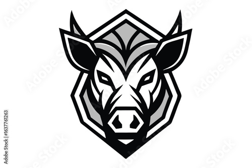 Fierce hog mascot with shield accent in black, gray, and white looks determined