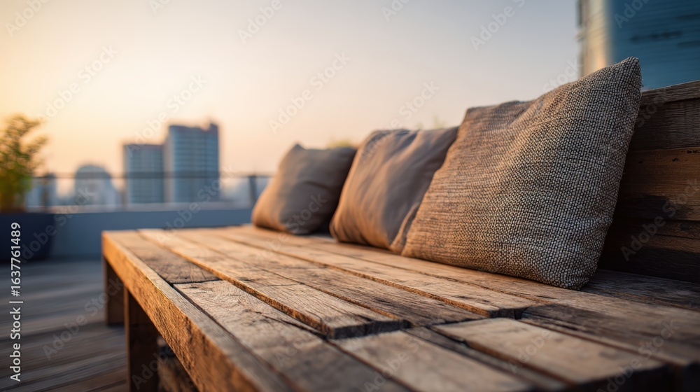 Obraz premium Serene Rooftop Retreat: Wooden Bench with Cushions at Sunset Offering a City View