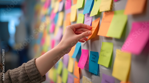 Sticky Note Symphony: A focused individual meticulously arranges a vibrant array of sticky notes on a collaborative brainstorming wall, each note a colorful fragment of ideas and strategies.