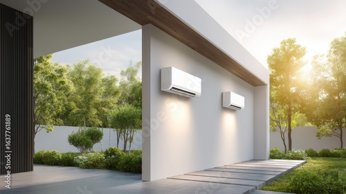 Modern Air Conditioners Installed on Exterior Wall of Contemporary Home with Garden View and Sunlight