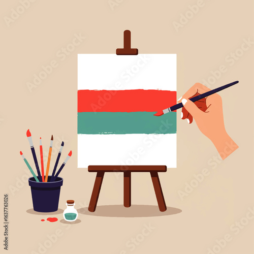 Hand painting a canvas with vibrant colors on an easel, surrounded by art supplies.