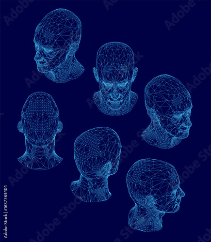 Six wireframe human heads arranged symmetrically on a vibrant blue background. Each head features a unique geometric design, creating visual interest. The white wireframe contrasts sharply against.