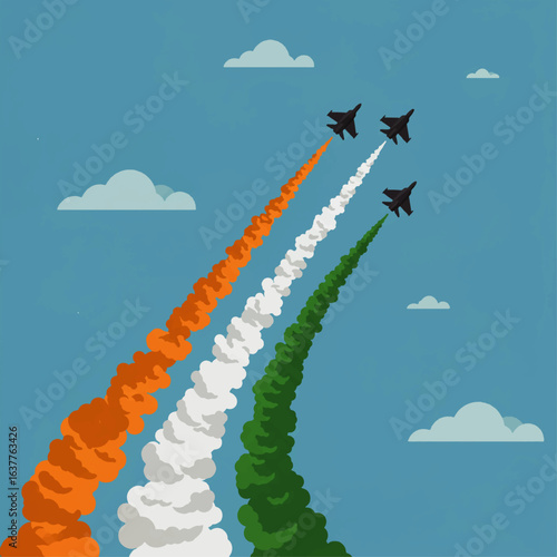 Four fighter jets soaring, leaving colorful trails representing the Indian flag.