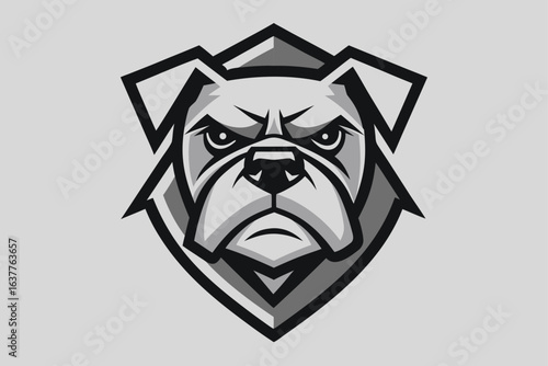 Aggressive monochrome bulldog face displays formidable expression against a geometric shield background
