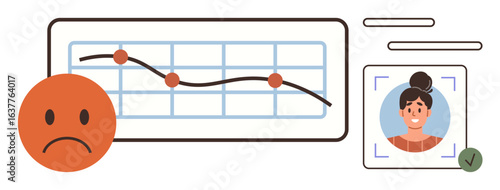 Chart with downward trend, sad face indicating negative results, user profile photo with verification checkmark. Ideal for performance, feedback, user analytics, identity, emotions, progress