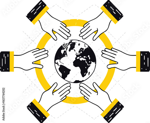 Global Teamwork and Collaboration: A vector illustration of multiple hands reaching out towards a central globe, symbolizing worldwide cooperation, community, partnership, and unity.


