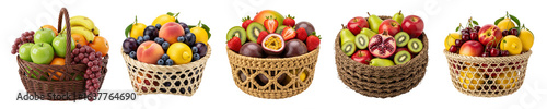 Five isolates of wicker baskets filled with a variety of fresh fruits and berries. On a white background, colorful compositions of apples, pears, grapes and citrus fruits are presented.