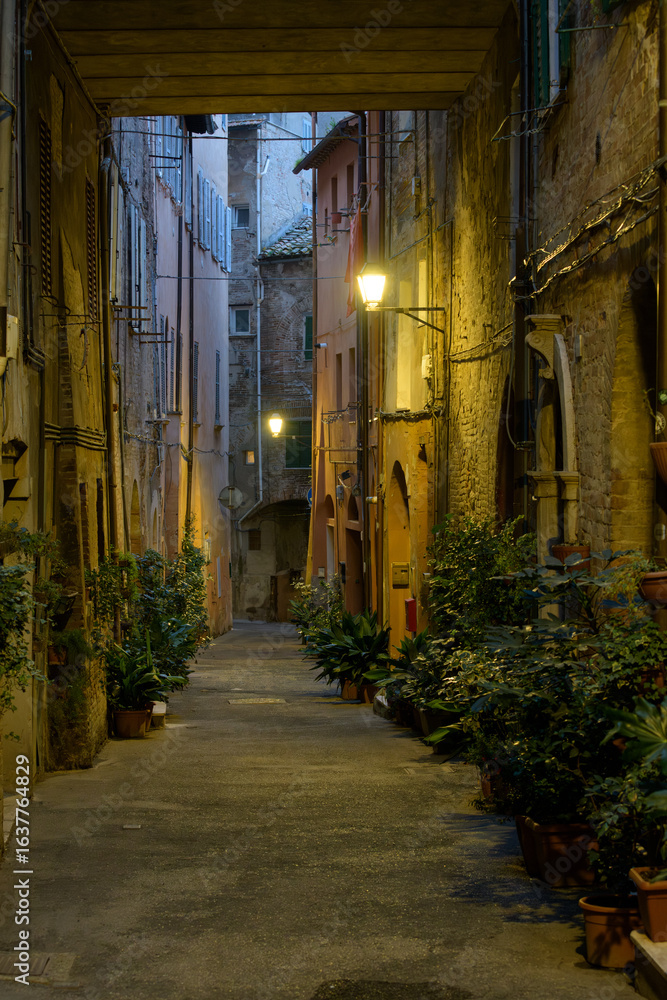 Narrow alleyway with evening lights and potted plants in the historic center of Perugia, Umbria, Italy. Narrow alleyway with evening lights and potted plants in the historic center of Perugia, Umbria, Italy.