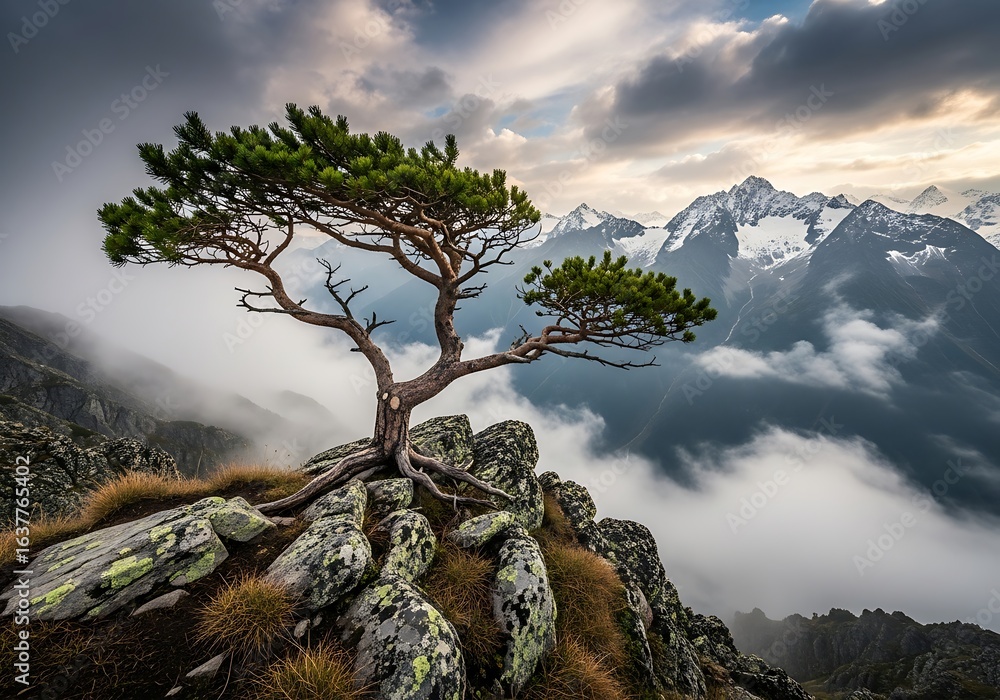 Solitary Tree on Rocky Peak Overlooking Mountain Range and Clouds Solitary Tree on Rocky Peak Overlooking Mountain Range and Clouds