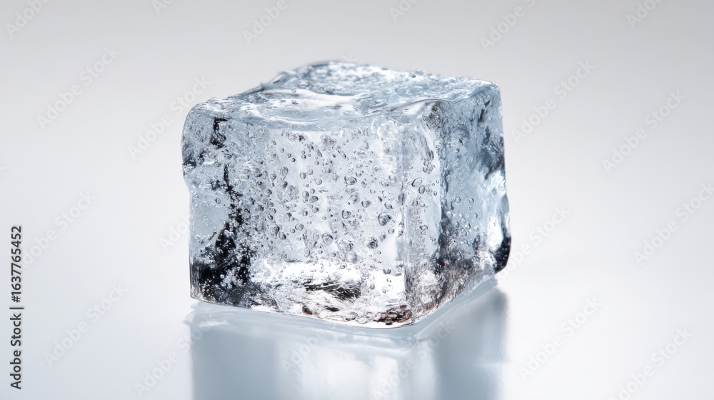 Obraz premium Single Ice Cube on Reflective Surface Displaying Purity and Coldness for Refreshment Concepts
