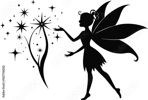 This collection of black and white images depicts illustrations of fairies, often shown with wings and in whimsical poses