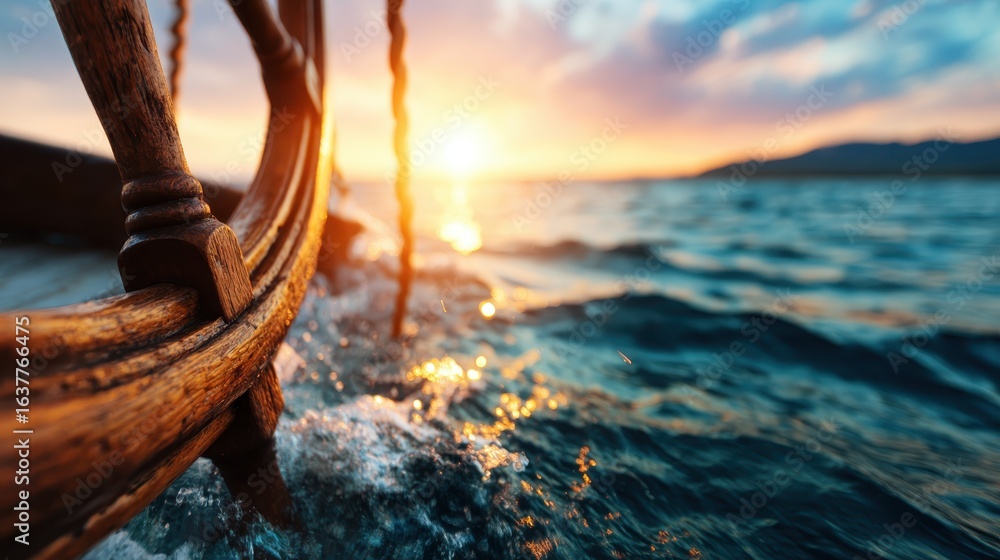 Fototapeta premium A rustic wooden boat wheel gently splashes in the tranquil water as the sun sets over the horizon, capturing the natural beauty of sailing and adventure on the open sea.