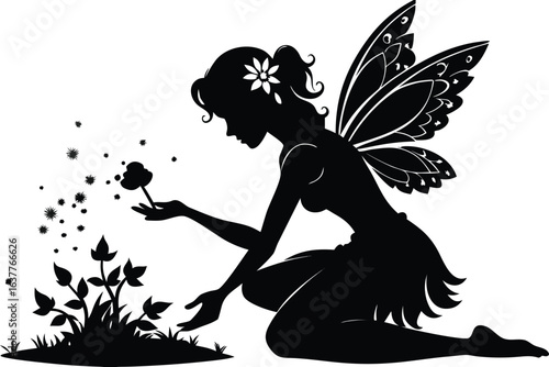 This collection of black and white images depicts illustrations of fairies, often shown with wings and in whimsical poses