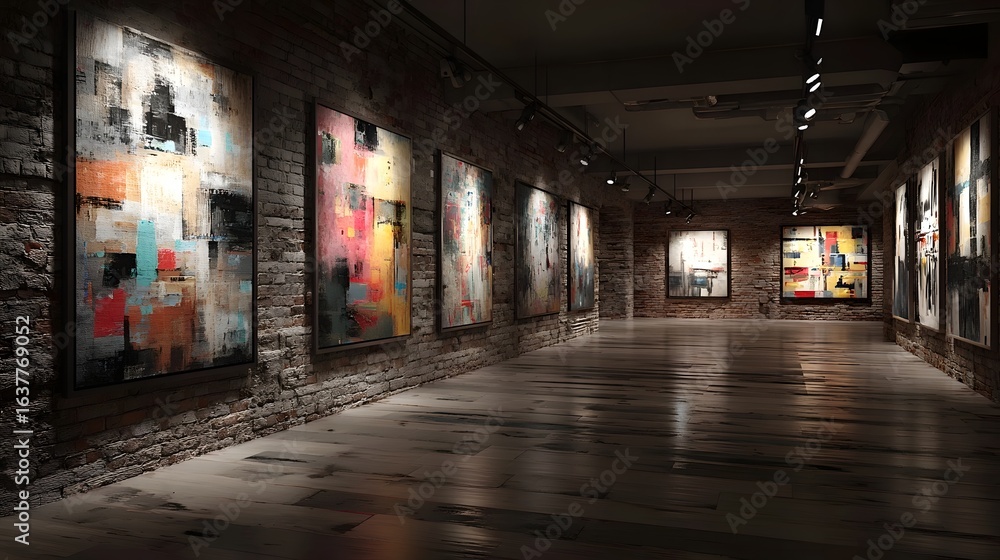 Fototapeta premium A long dimly lit corridor in an art gallery featuring a collection of vibrant abstract paintings adorning the brick walls creating an immersive and thought provoking atmosphere for visitors