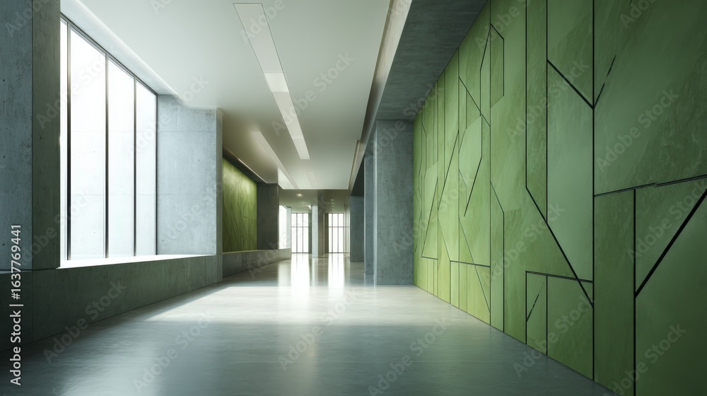 Fototapeta premium Modern Interior Design Hallway with Geometric Green Wall and Natural Light from Large Windows